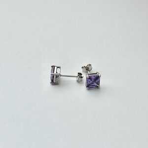 Sterling Silver 6MM Square Amethyst CZ Earrings